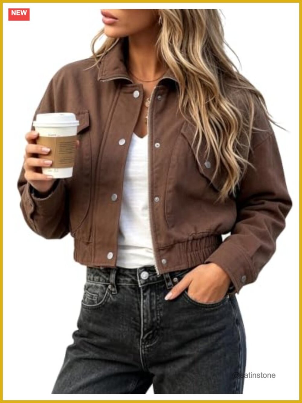 FOMELY Cropped Bomber Jacket Button Snap Pockets Casual